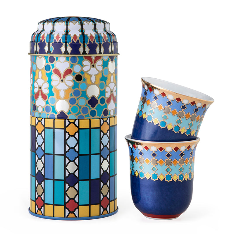 Images D'Orient USA Tin Box with 2 Coffee Cups Porcelain Sursock Vitrail 90 ml POR-902042