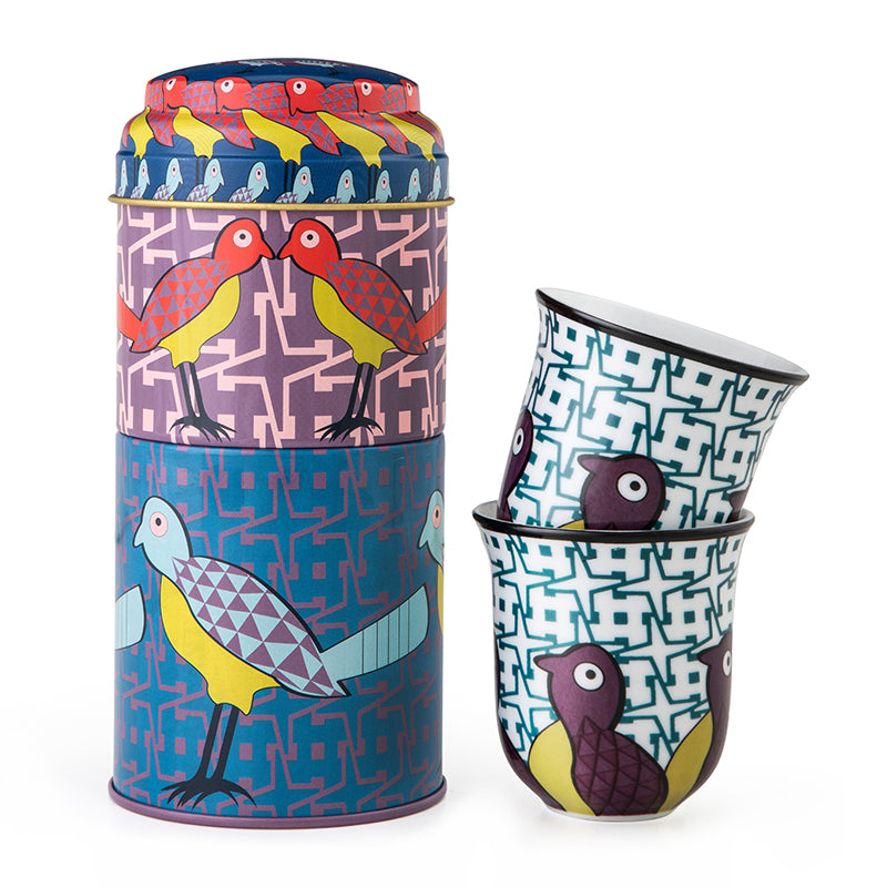 Images D'Orient USA Tin Box with 2 Coffee Cups Porcelain Birds Of Paradise 90 ml POR-902062