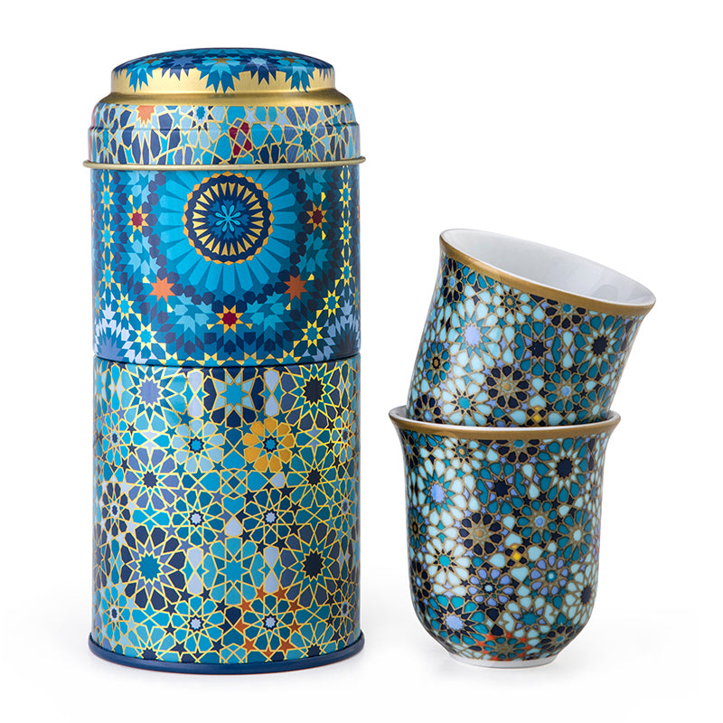 Images D'Orient USA Tin Box with 2 Coffee Cups Porcelain Moucharabieh Blue 90 ml POR-902012
