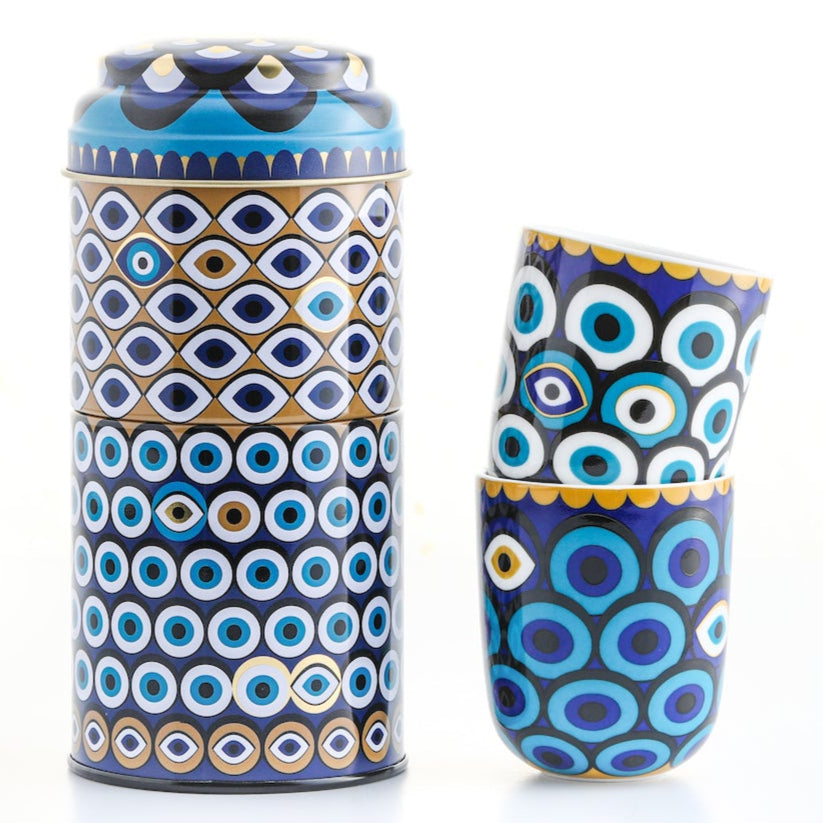 Images D'Orient USA Tin Box with 2 Coffee Cups Porcelain Zarqa 90 ml POR-902172