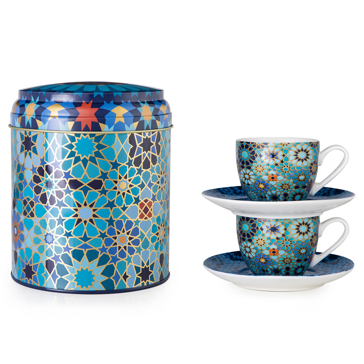 Images D'Orient USA Tin Box with 2 Coffee Cups Saucer Moucharabieh Blue 90 ml POR-922002