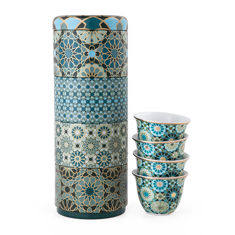 Images D'Orient USA Tin Box with 4 Coffee Cups Porcelain Andalusia 60 ml POR-602054