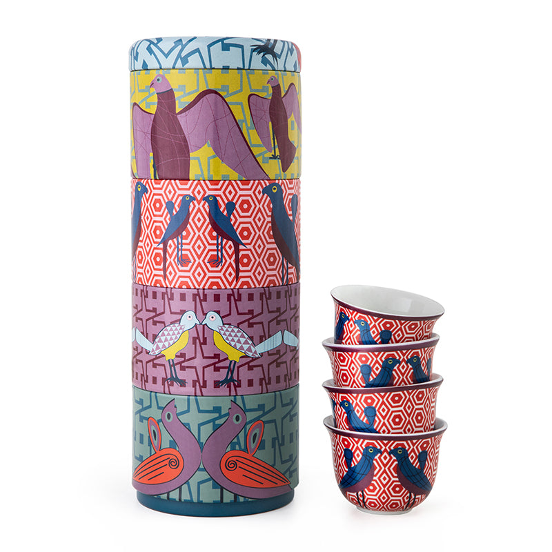 Images D'Orient USA Tin Box with 4 Coffee Cups Porcelain Birds Of Paradise 60 ml POR-602064