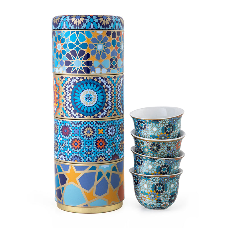 Images D'Orient USA Tin Box with 4 Coffee Cups Porcelain Moucharabieh Blue 60 ml POR-602014