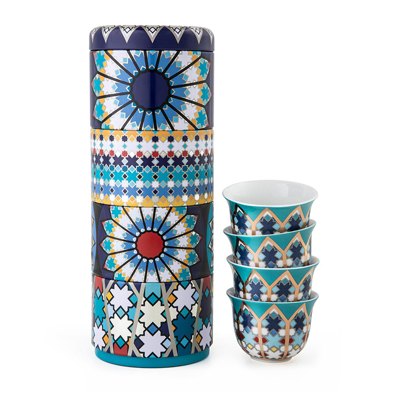 Images D'Orient USA Tin Box with 4 Coffee Cups Porcelain Sursock Vitrail 60 ml POR-602044